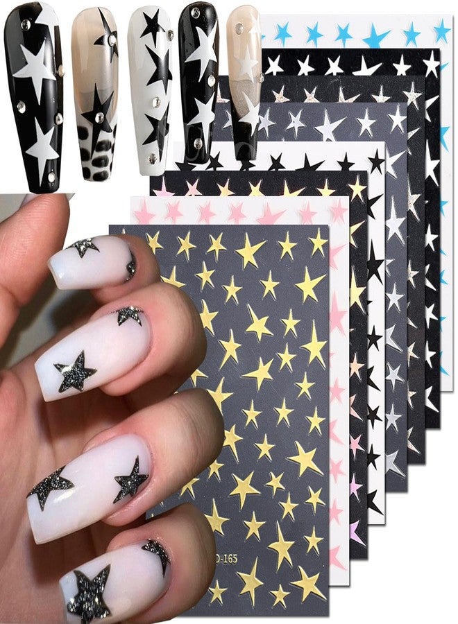 BSBTBZ 8 Sheets Star Nail Art Stickers Decals Designer Nail Art Supplies 3D Glitters Starlight Irregular Pentagram Black White Pink Lase Stars Gold Nail Design Decal for Woman DIY Manicure Decoration - Image 1
